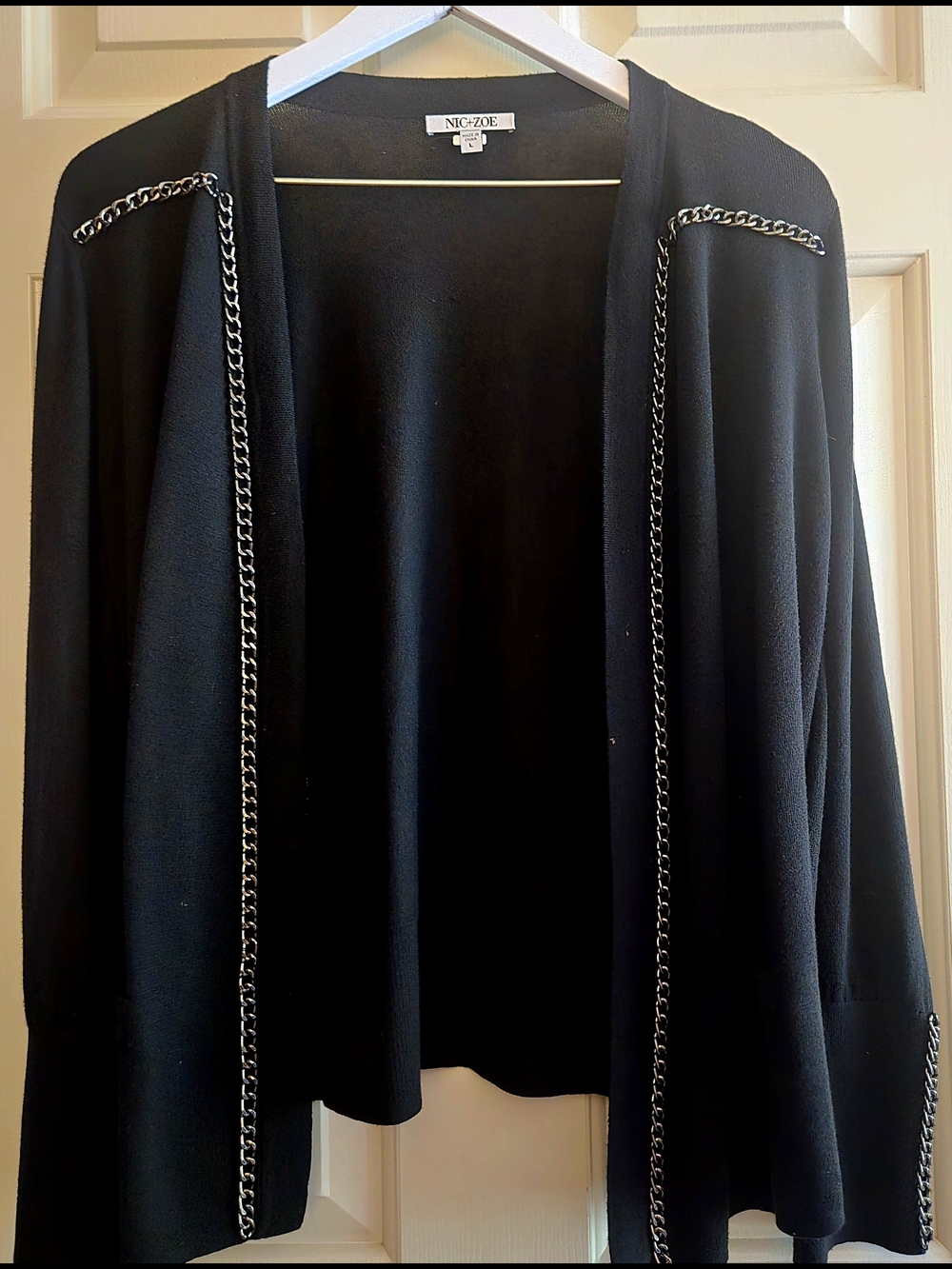 NIC+ZOE Black Open Cardigan with Silver Chain Trim